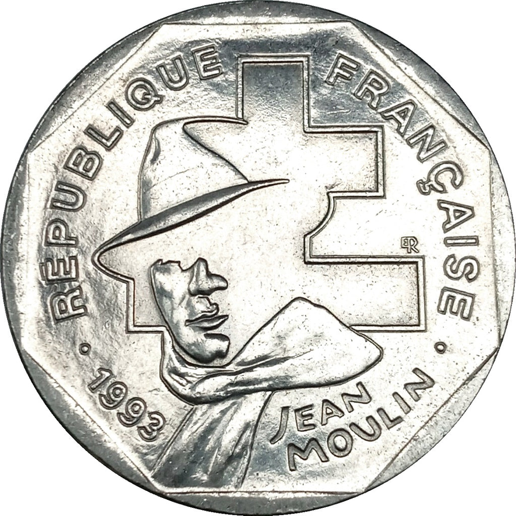France KM#1062 2 Francs 1993 VF or better—French Resistance in World War II—Jean Moulin