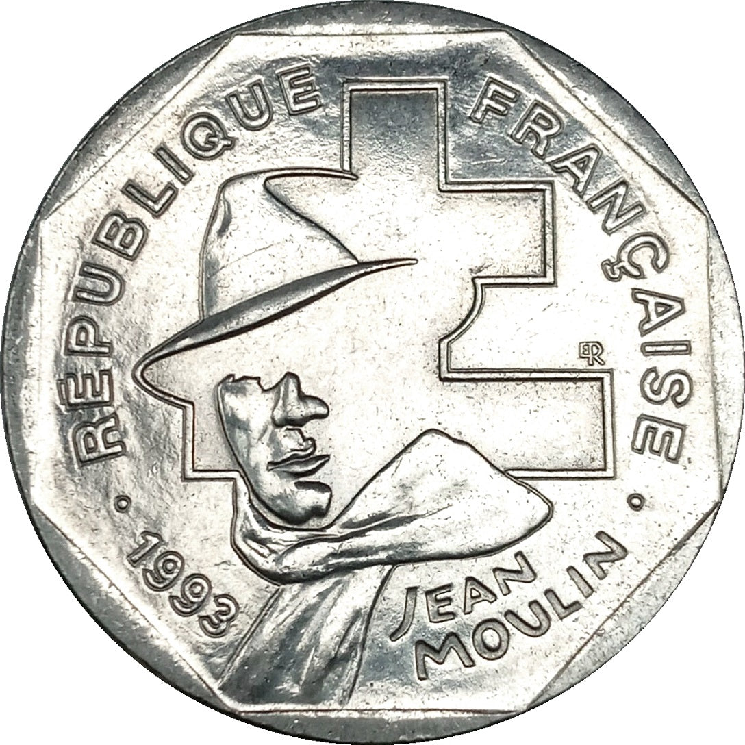 France KM#1062 2 Francs 1993 VF or better—French Resistance in World War II—Jean Moulin