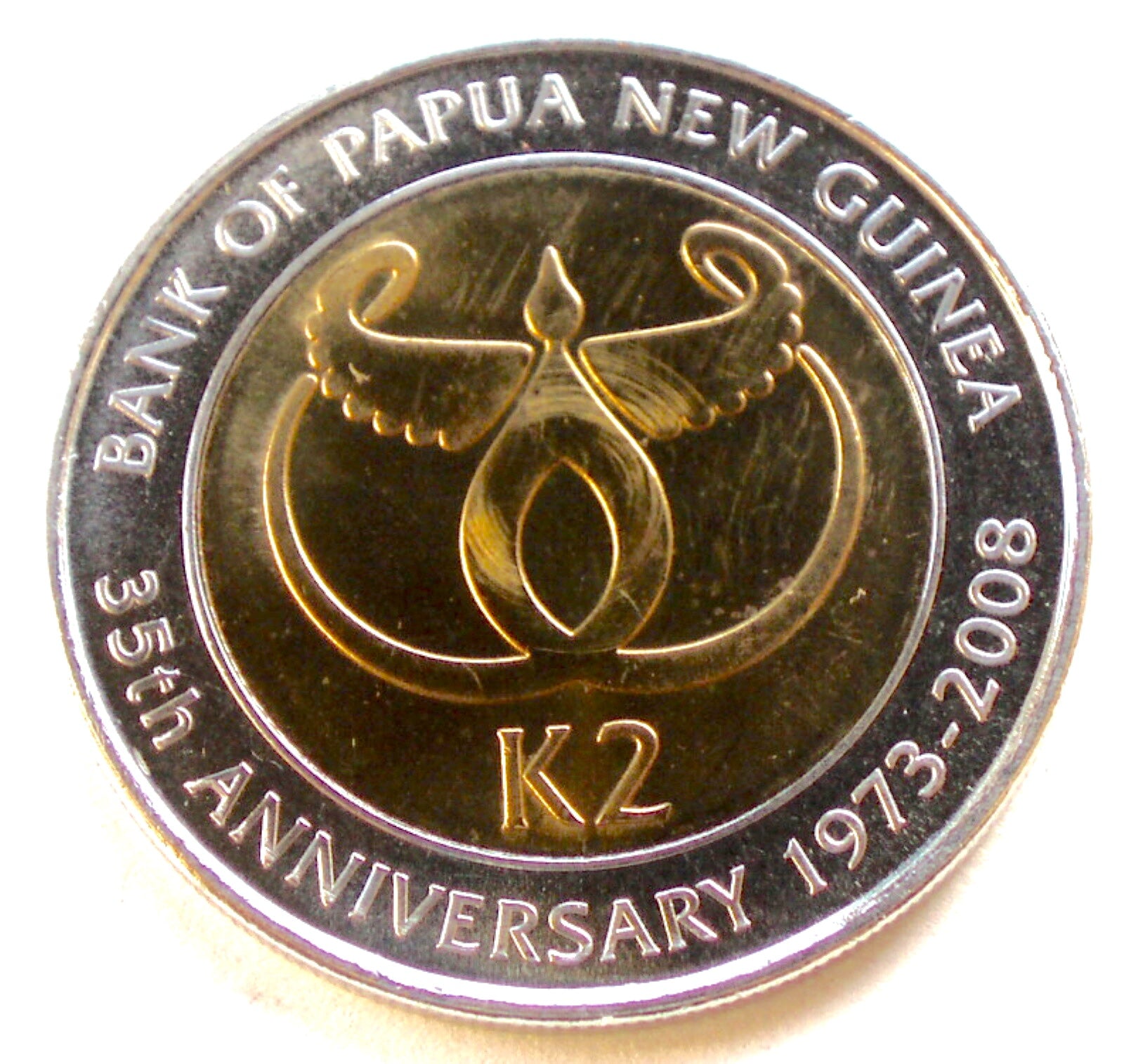 Papua New Guinea KM#51 2 Kina 2008 UNC Bimetallic—35th Anniv. Central Bank G4904