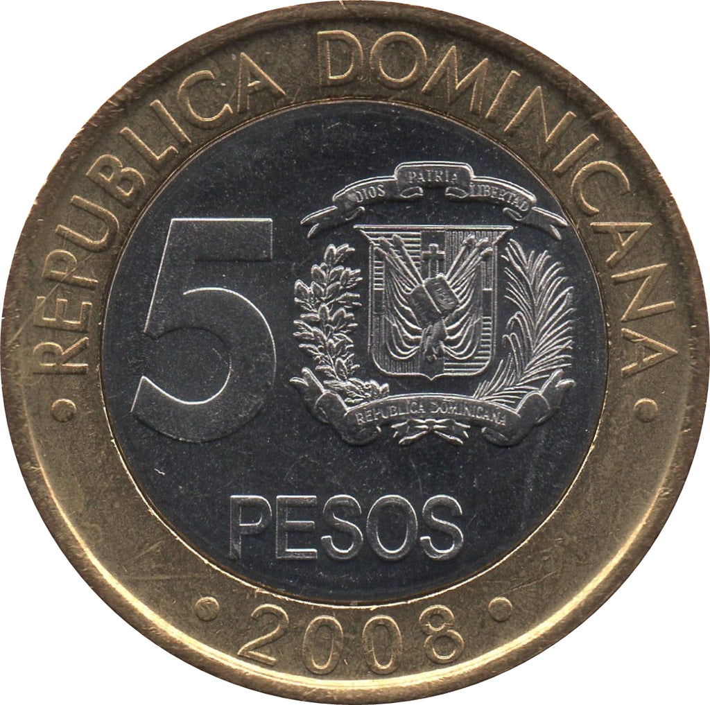Dominican Republic KM#89 5 Pesos 2002–2020 UNC—Bimetallic—Sánchez