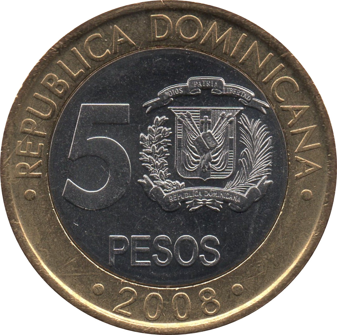 Dominican Republic KM#89 5 Pesos 2002–2020 UNC—Bimetallic—Sánchez