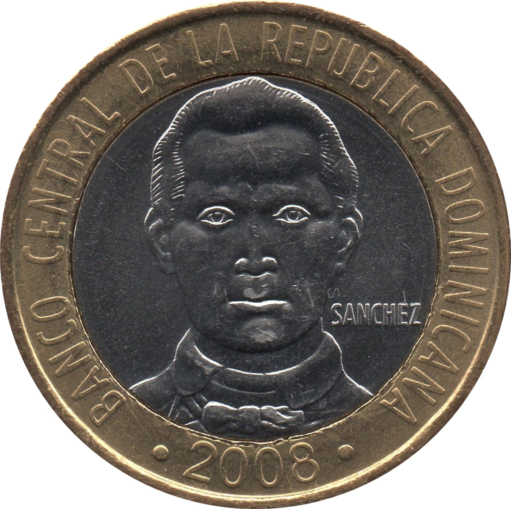 Dominican Republic KM#89 5 Pesos 2002–2020 UNC—Bimetallic—Sánchez