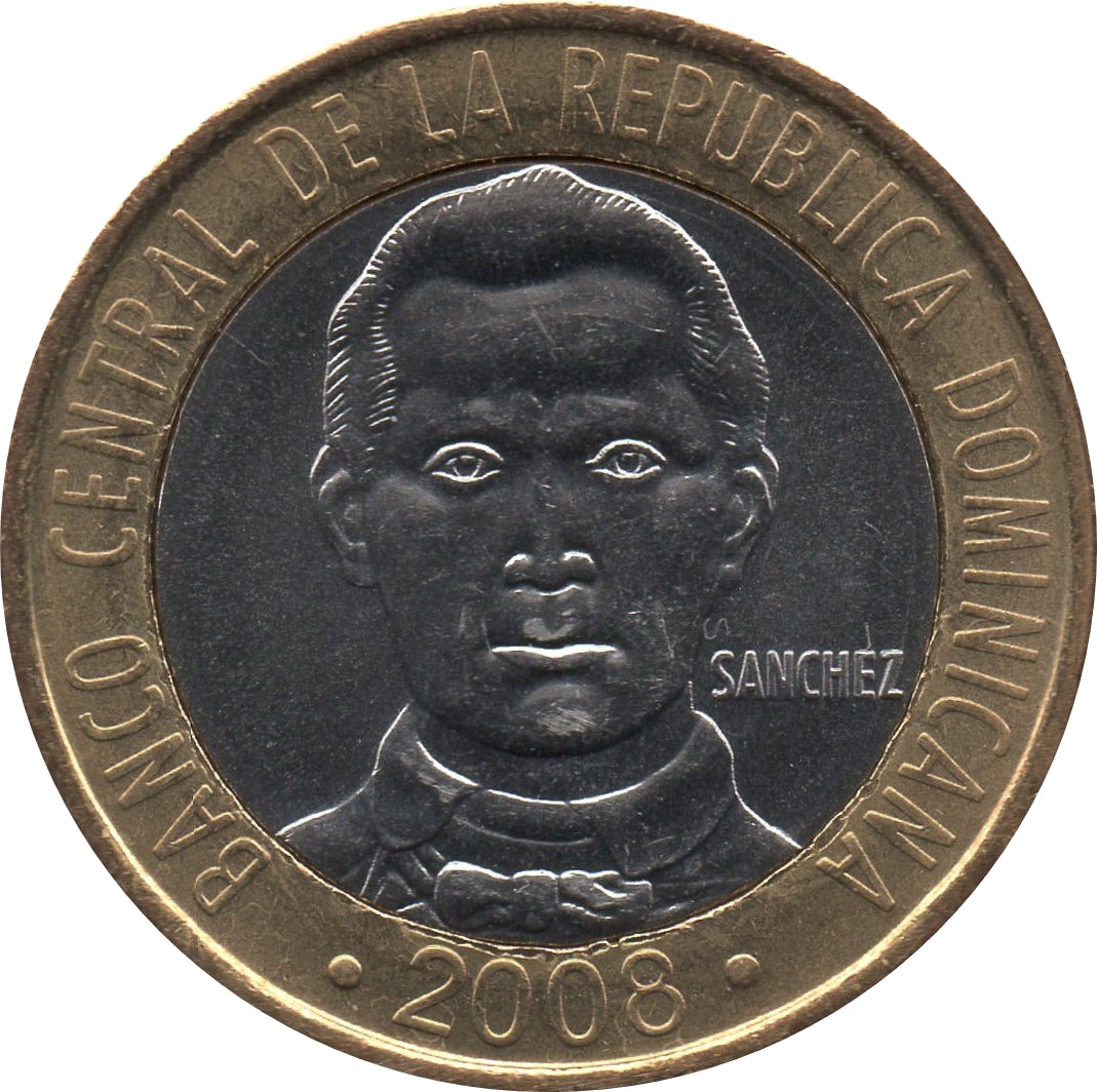 Dominican Republic KM#89 5 Pesos 2002–2020 UNC—Bimetallic—Sánchez