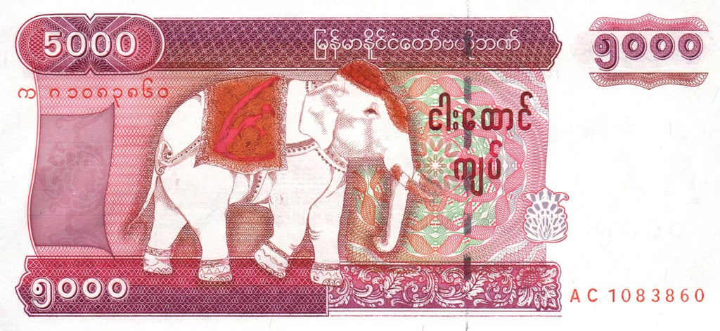 Myanmar Burma P-81 5000 Kyats 2009 UNC—White Elephant