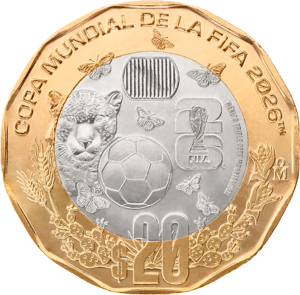 Mexico FIFA World Cup 2026 20 Pesos Bimetallic Coin UNC—Jaguar—Butterflies—Ball