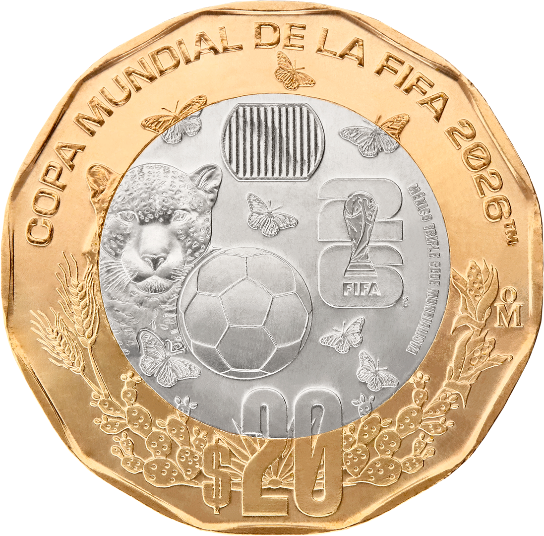 Mexico FIFA World Cup 2026 20 Pesos Bimetallic Coin UNC—Jaguar—Butterflies—Ball