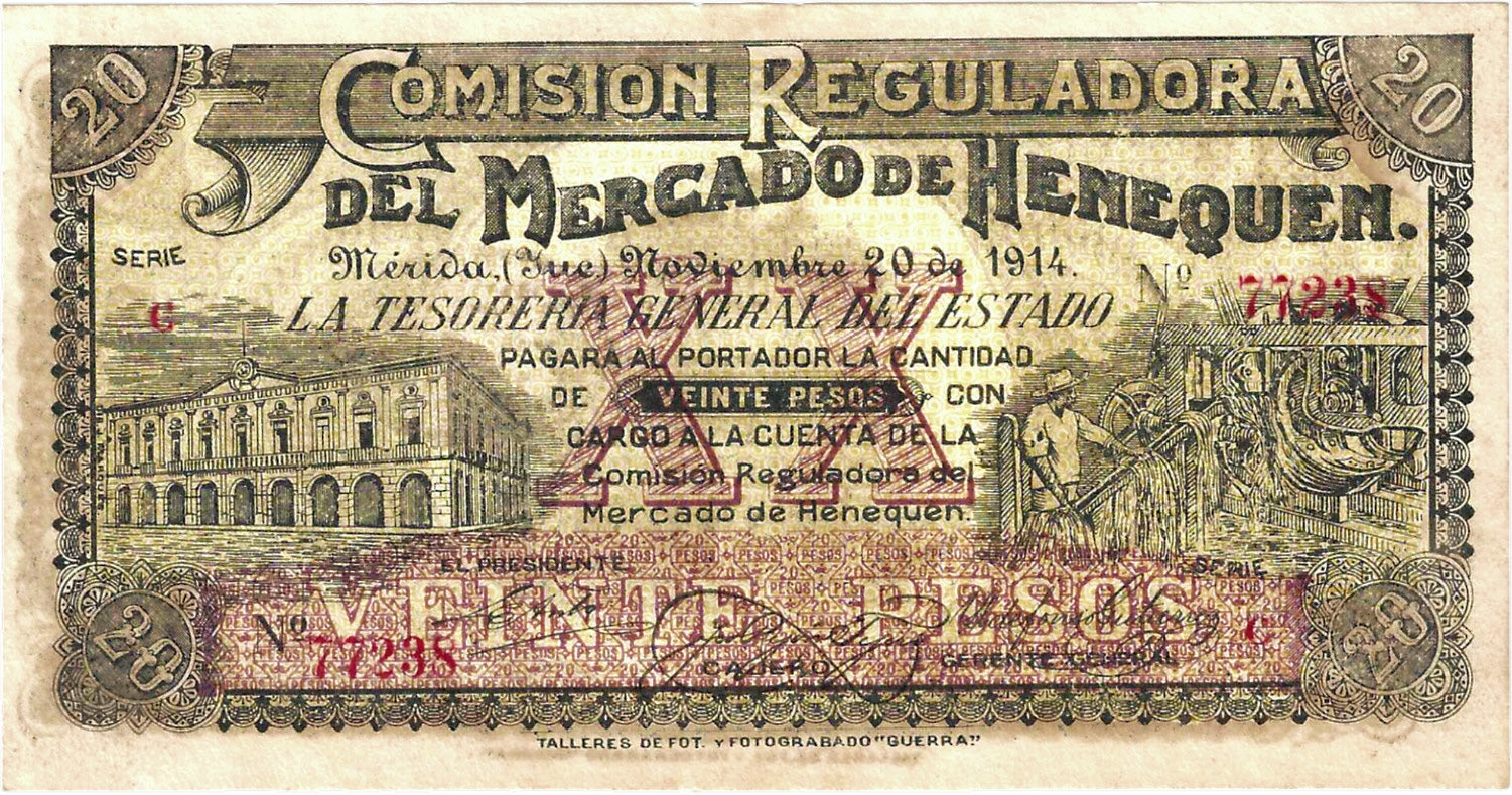 Mexico  P-S1124a—Mérida, Yucatán—Comisión Reguladora del Mercado de Henequén 20 pesos 1914 UNC but with pinhole