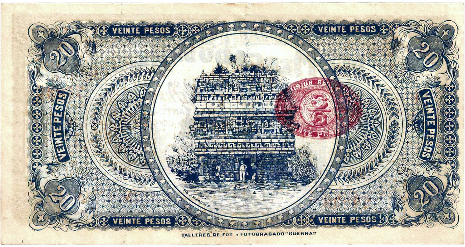 Mexico  P-S1124a—Mérida, Yucatán—Comisión Reguladora del Mercado de Henequén 20 pesos 1914 UNC but with pinhole