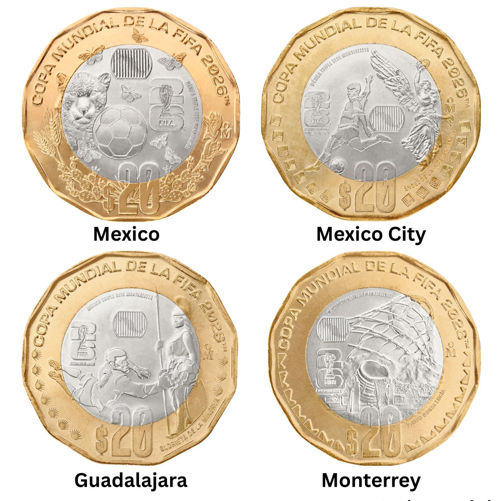 Mexico FIFA World Cup Set of 4 Bimetallic Coins 20 Pesos 2026 UNC—All 3 Cities + Jaguar/Butterflies