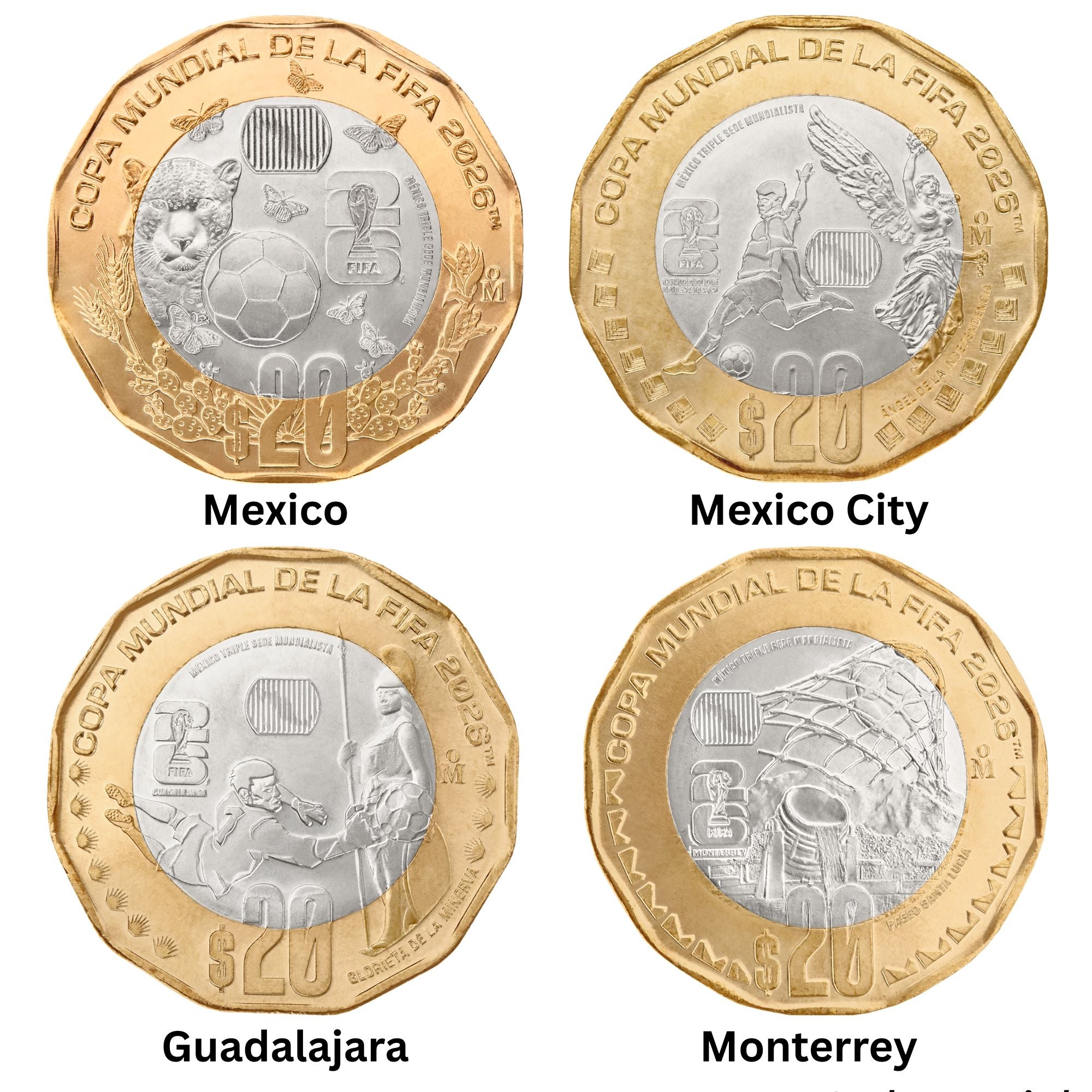 Mexico FIFA World Cup Set of 4 Bimetallic Coins 20 Pesos 2026 UNC—All 3 Cities + Jaguar/Butterflies
