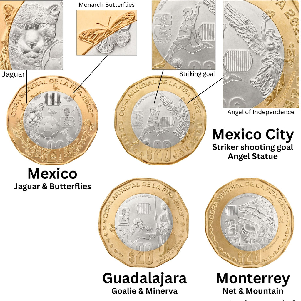 Mexico FIFA World Cup Set of 4 Bimetallic Coins 20 Pesos 2026 UNC—All 3 Cities + Jaguar/Butterflies