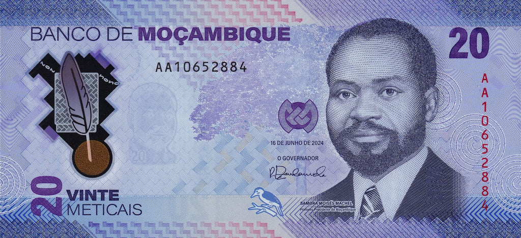 Mozambique P155 POLYMER 20 Meticais 2024 UNC—Duck Feather Gold & Nurse-Guerrilla