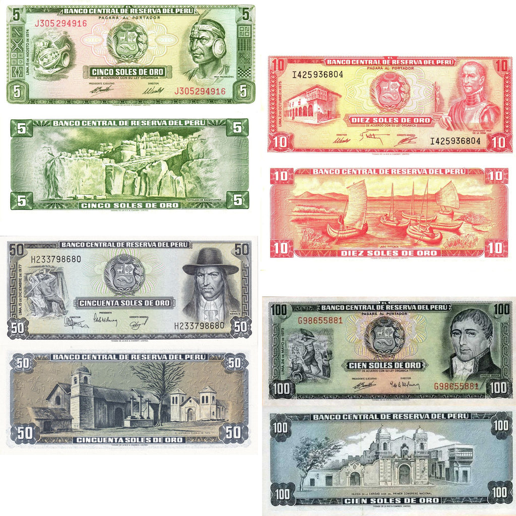 Peru 4 Pcs Set 5-10-50-100 Soles de Oro 1973-7 UNC "Velasco" Style