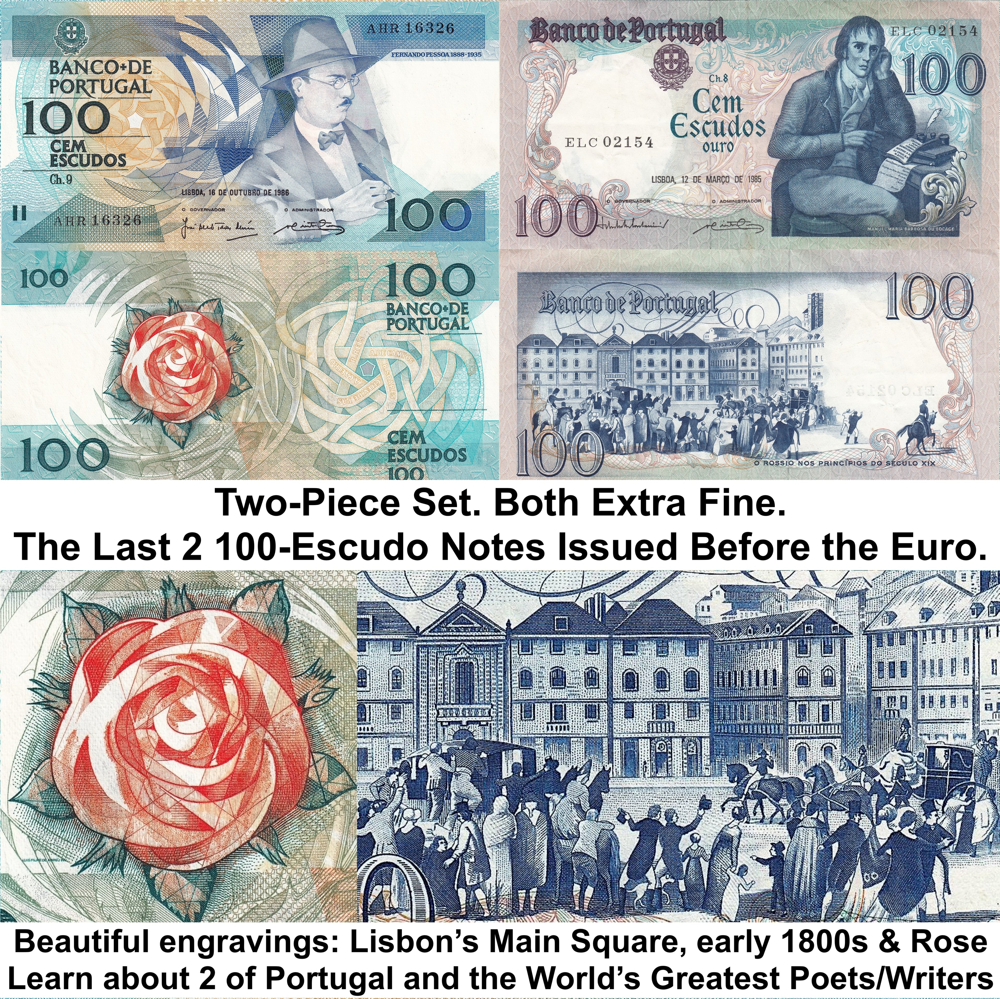 Portugal 2 Pcs Set—Stunning!—Last 2 100 Escudos b4 Euro—P178 P179—XF Extra Fine
