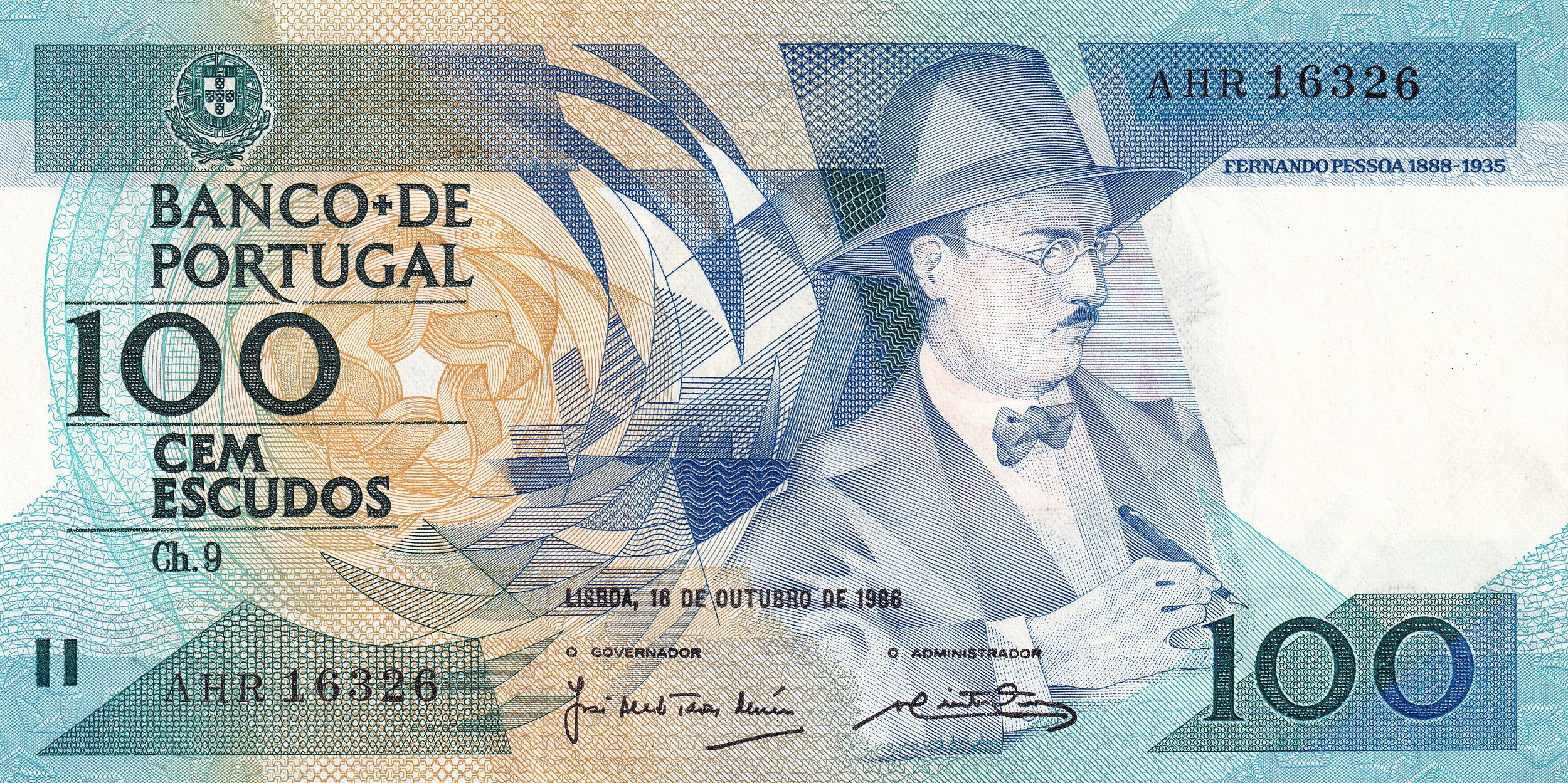 Portugal P179 100 Escudos 1986-88 XF Extra Fine—Red Rose=Pessoa≠Schizophrenia…