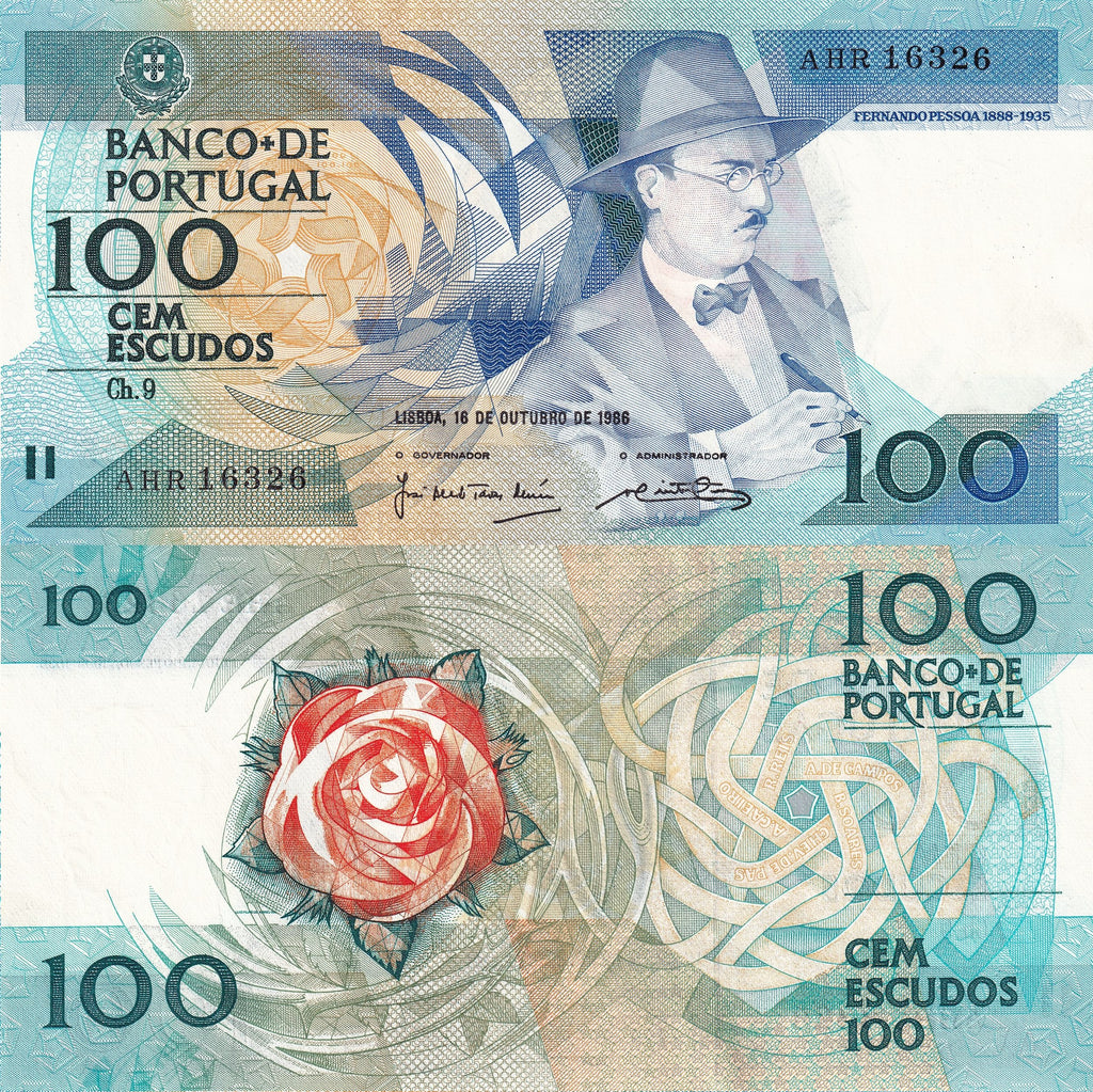 Portugal P179 100 Escudos 1986-88 XF Extra Fine—Red Rose=Pessoa≠Schizophrenia…