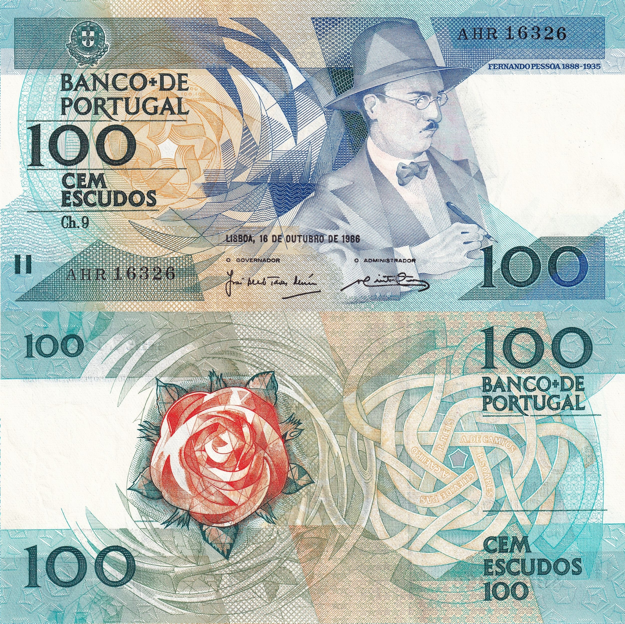 Portugal P179 100 Escudos 1986-88 XF Extra Fine—Red Rose=Pessoa≠Schizophrenia…