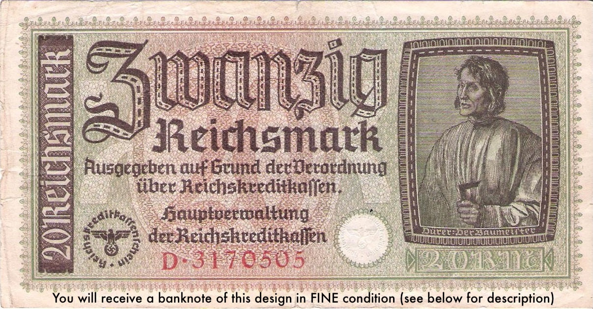 Germany P-R139 20 Reichsmark 1940 F (Fine)—Swastika—Nazi—World War II—Brandenburg G.