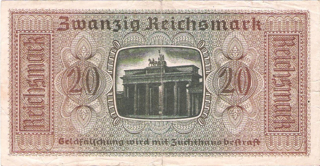 Germany P-R139 20 Reichsmark 1940 F (Fine)—Swastika—Nazi—World War II—Brandenburg G.