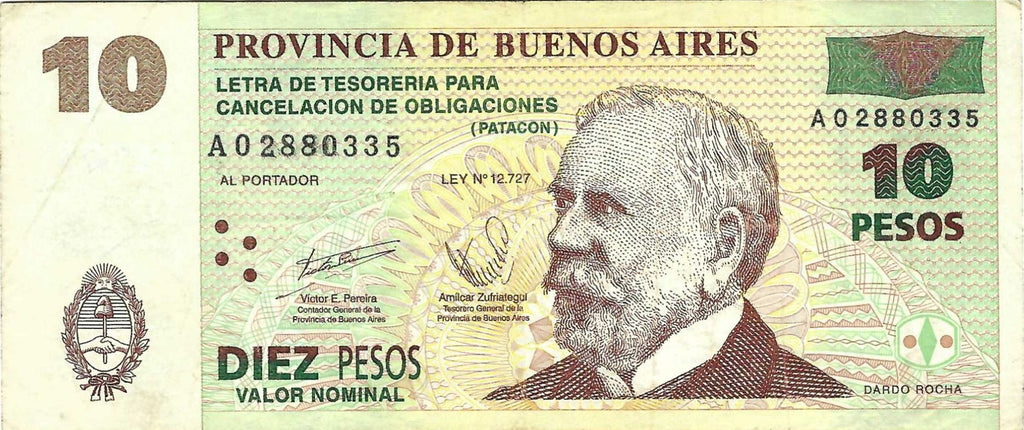 Argentina P-S2313 Buenos Aires 10 Pesos 2001-2 VF  Emergency Money—Dardo Rocha