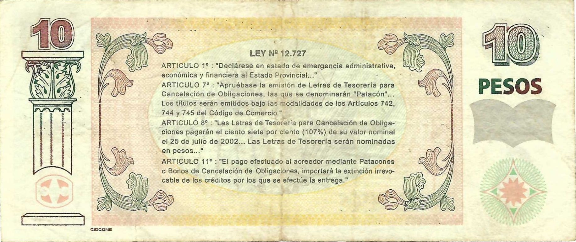 Argentina-Buenos Aires P-S2313 10 Pesos (2001-2) VF  Buenos Aires-Emergency Money