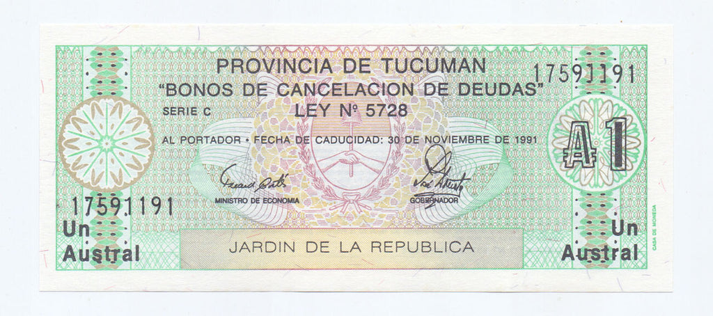 | 5 Pcs Lot 5x Argentina P-S2711b 1 Austral 1991 UNC Tucuman—Debt Cancellation Bond