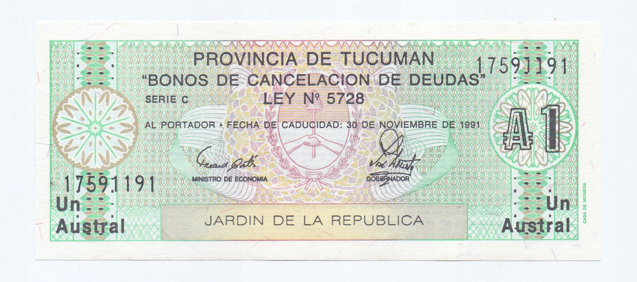 | 5 Pcs Lot 5x Argentina P-S2711b 1 Austral 1991 UNC Tucuman—Debt Cancellation Bond