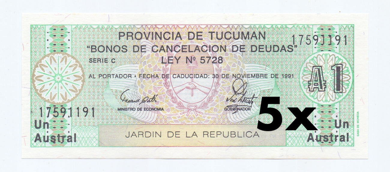 | 5 Pcs Lot 5x Argentina P-S2711b 1 Austral 1991 UNC Tucuman—Debt Cancellation Bond