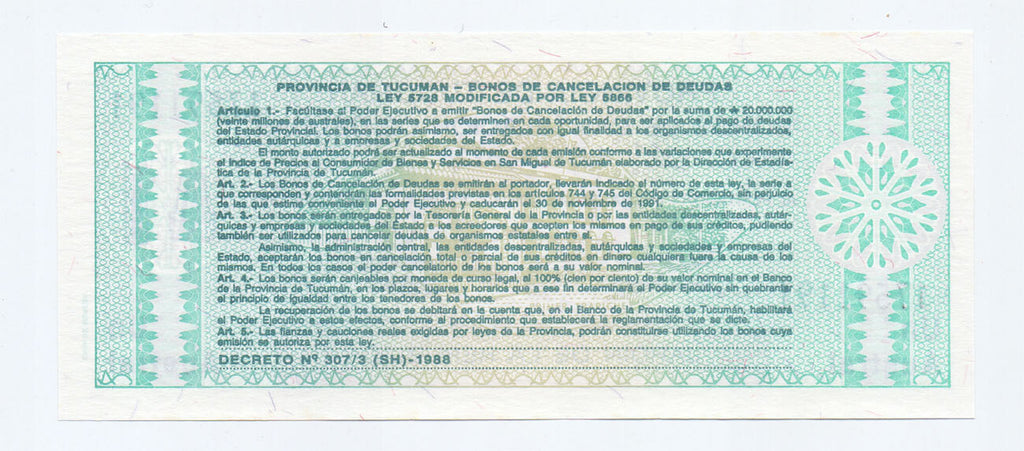 | 5 Pcs Lot 5x Argentina P-S2711b 1 Austral 1991 UNC Tucuman—Debt Cancellation Bond