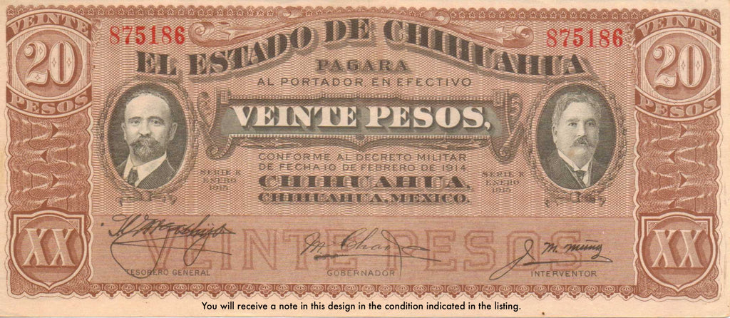 Mexico Chihuahua P-S537 20 Pesos 1915 VF+ Very Fine Plus