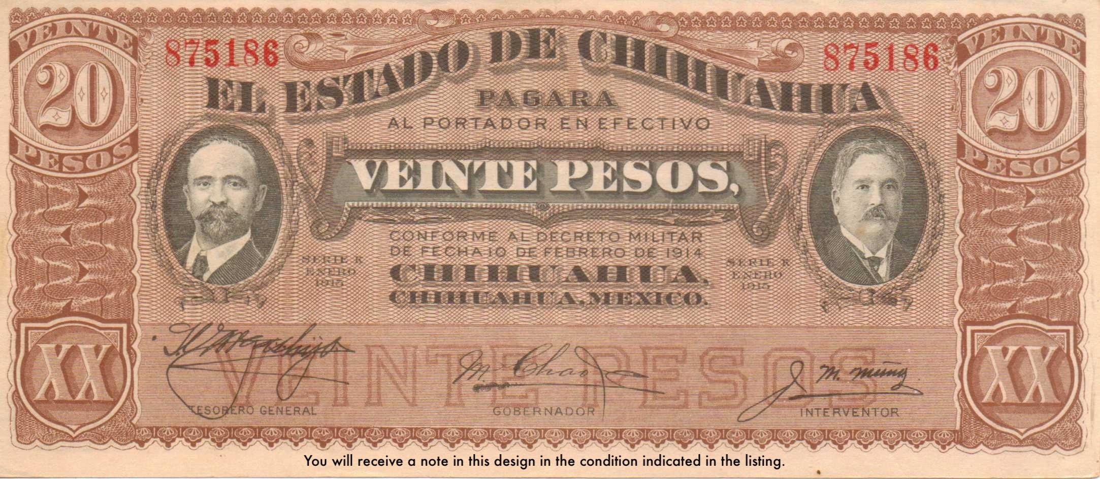 Mexico Chihuahua P-S537 20 Pesos 1915 VF+ Very Fine Plus