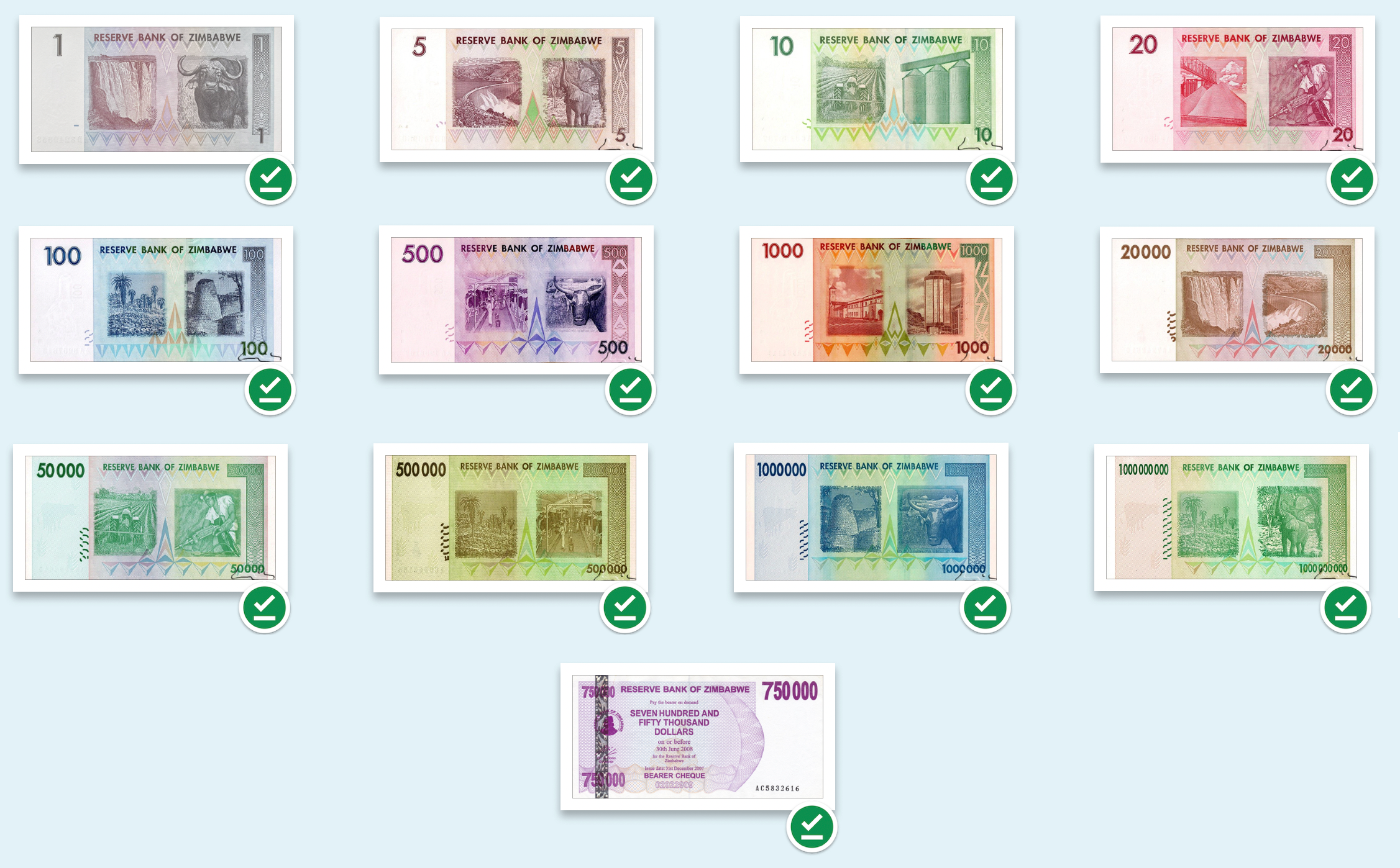Zimbabwe 13 Pcs Set $1 thru 1 Billion Dollars 2007-2008 Circulated VF—Million