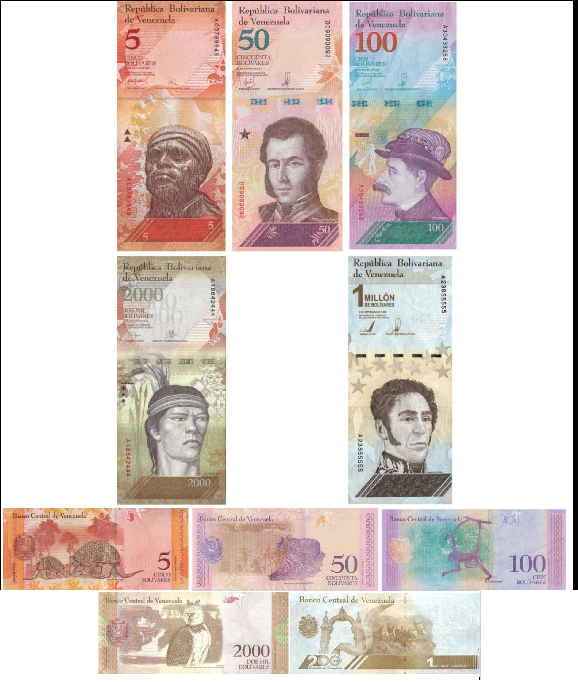 Venezuela 5 pcs Set—including 1 million— crisp uncirculated banknotes—UNC