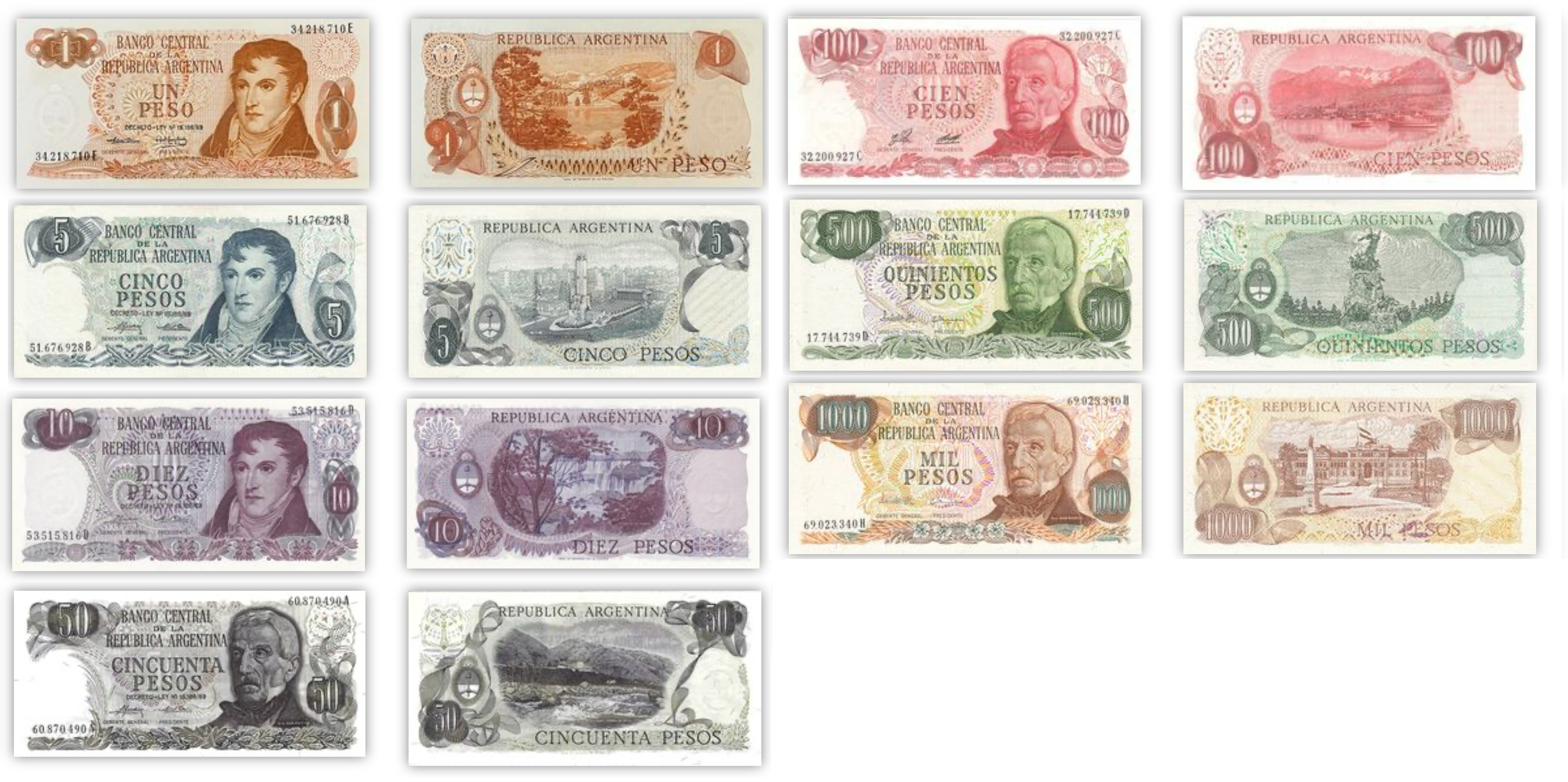 Argentina 7 pcs Set - 1970s - 1 5 10 50 100 500 1000 Pesos XF UNC