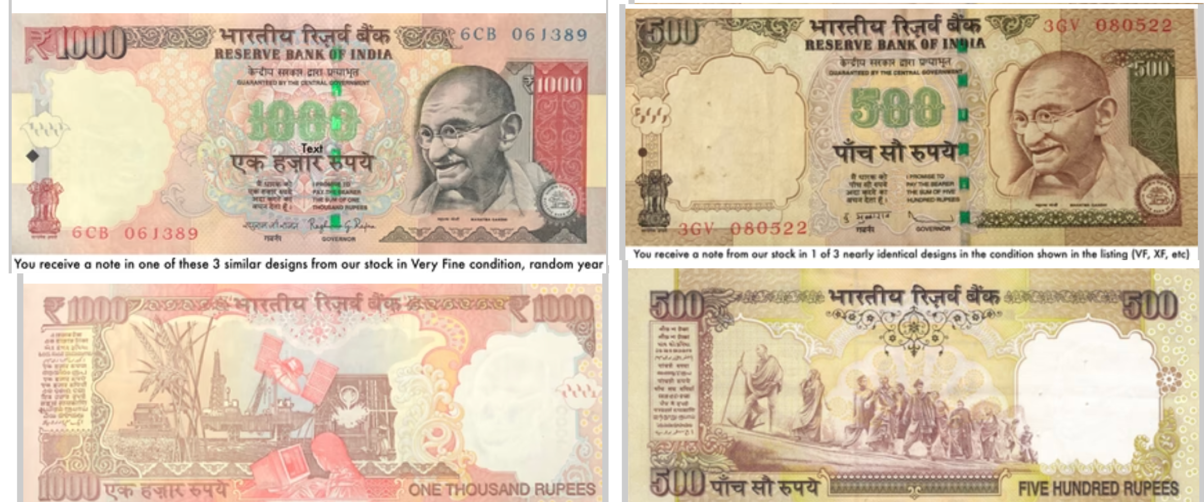 India 2 pc Set 500 1000 Rupees 2000-2016 VF—Demonetized
