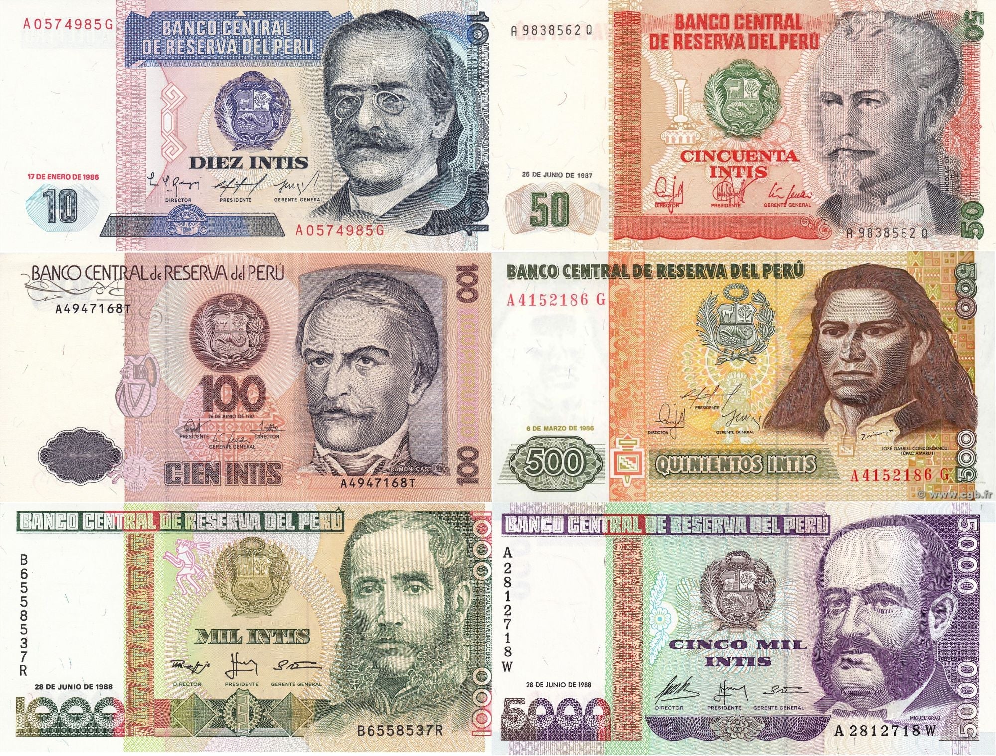 Peru 6 Pcs UNC Set Intis 1985-1988—10 50 100 500 1000 5000