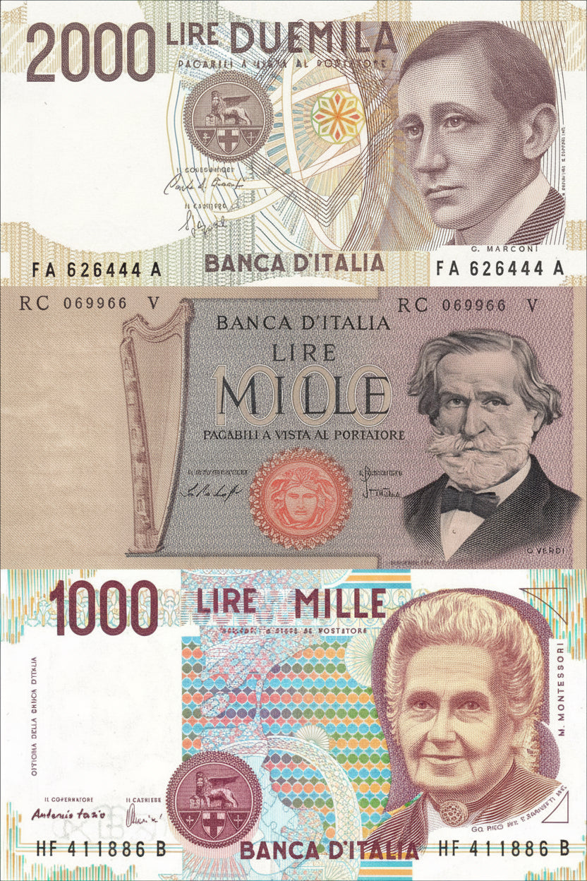 Italy 3 Pcs Set— P101 114-5 Verdi/Opera—Montessori—Marconi—1000 2000 Lire Lira