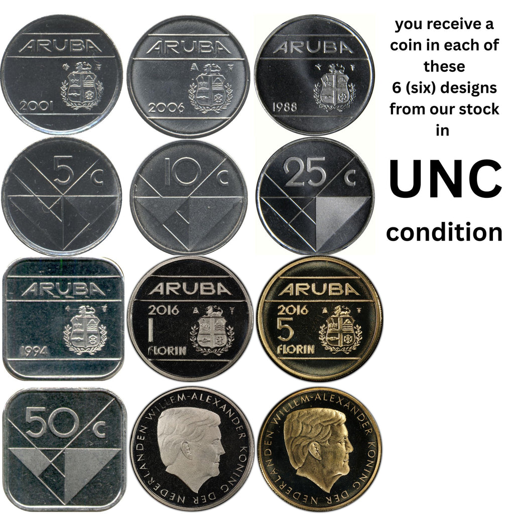 Aruba 6 pcs UNC Coin Set—NEW KING, NO QUEEN!—5 10 25 Cents—1 5 Florins