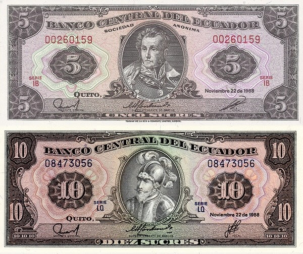 Ecuador 2 Pcs Set 1x 5 & 1x 10 Sucres UNC (Years/Printers/Serials vary)