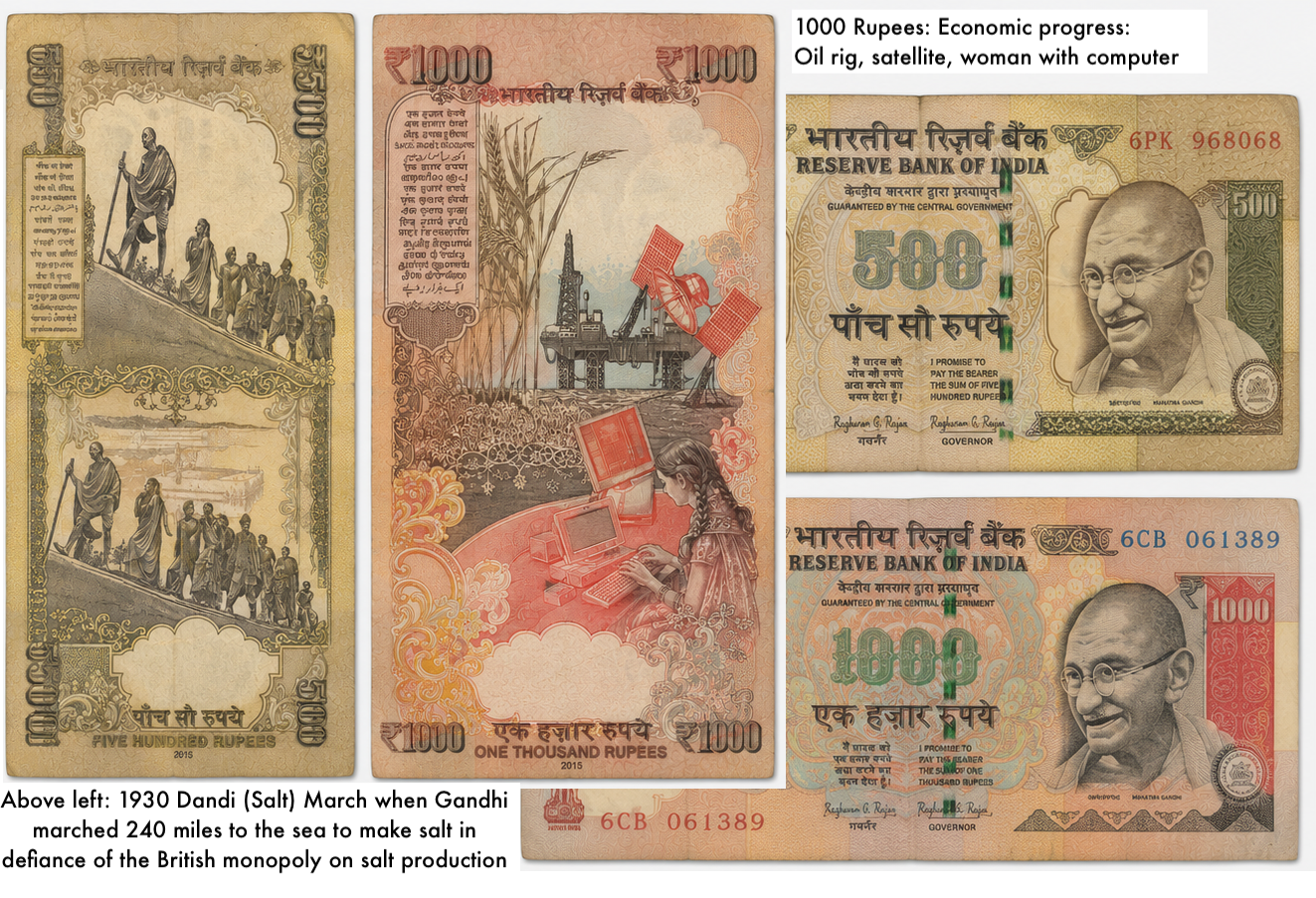 India 2 pc Set 500 1000 Rupees 2000-16 VF Very Fine—Gandhi Salt March—Oil Rig
