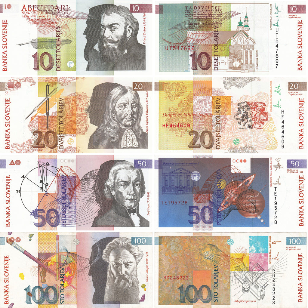 Slovenia Set of 4: P-11 P-12 P-13 + (P-14 or P-31)—10 20 50 100 tolarjev—Scientists—National Heroes