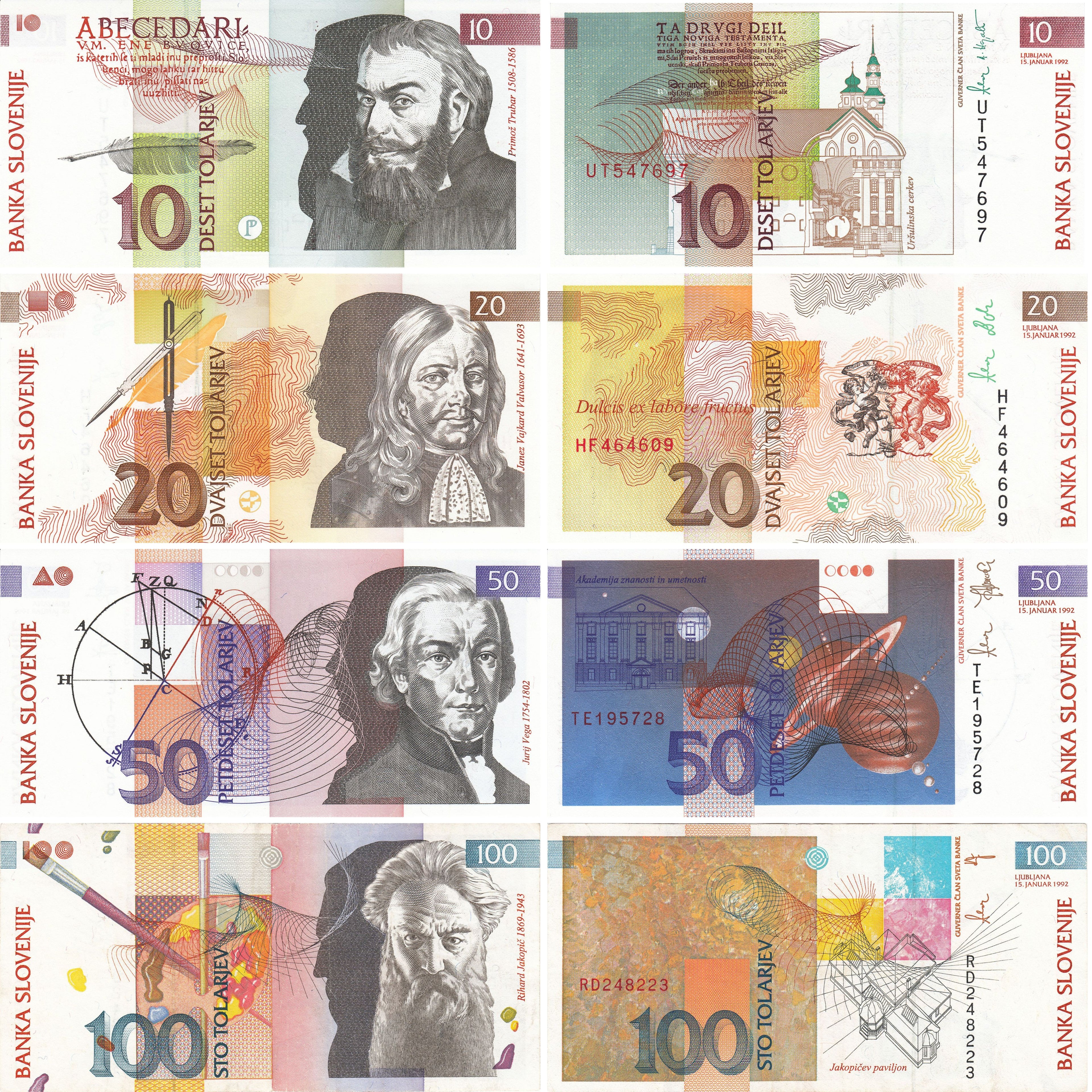 Slovenia Set of 4: P-11 P-12 P-13 + (P-14 or P-31) | 10 20 50 100 tolarjev | Scientists | National Heroes