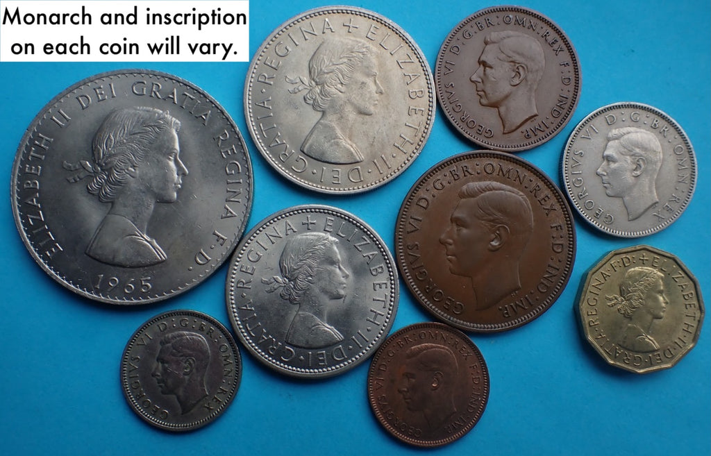 UK 8 pc Coin Set VF Shilling—Crown—Half Crown—Florin—Penny—Threepence—Halfpenny—Farthing
