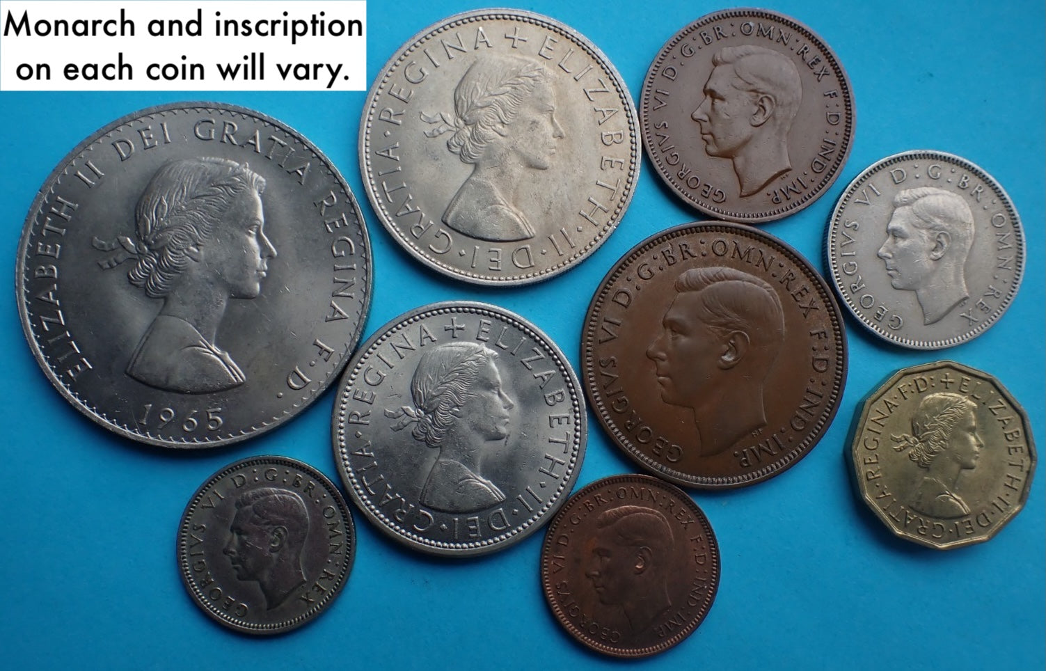 UK 8 pc Coin Set VF Shilling—Crown—Half Crown—Florin—Penny—Threepence—Halfpenny—Farthing
