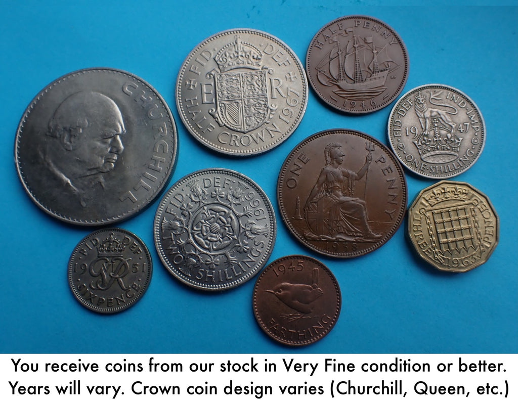 UK 8 pc Coin Set VF Shilling—Crown—Half Crown—Florin—Penny—Threepence—Halfpenny—Farthing