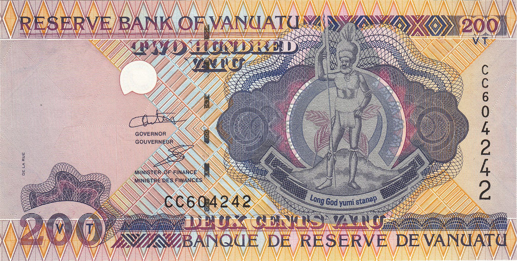Vanuatu P-8 200 Vatu 1995 UNC｜Melanesian Chief with Spear
