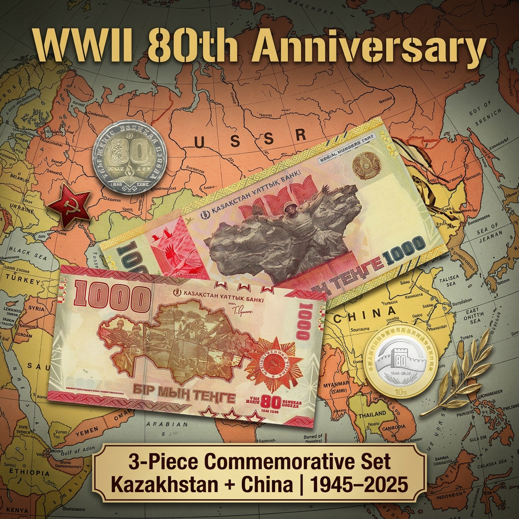 World War II Victory 80th Set 2 coins 1 banknote Soviet Kazakhstan China UNC