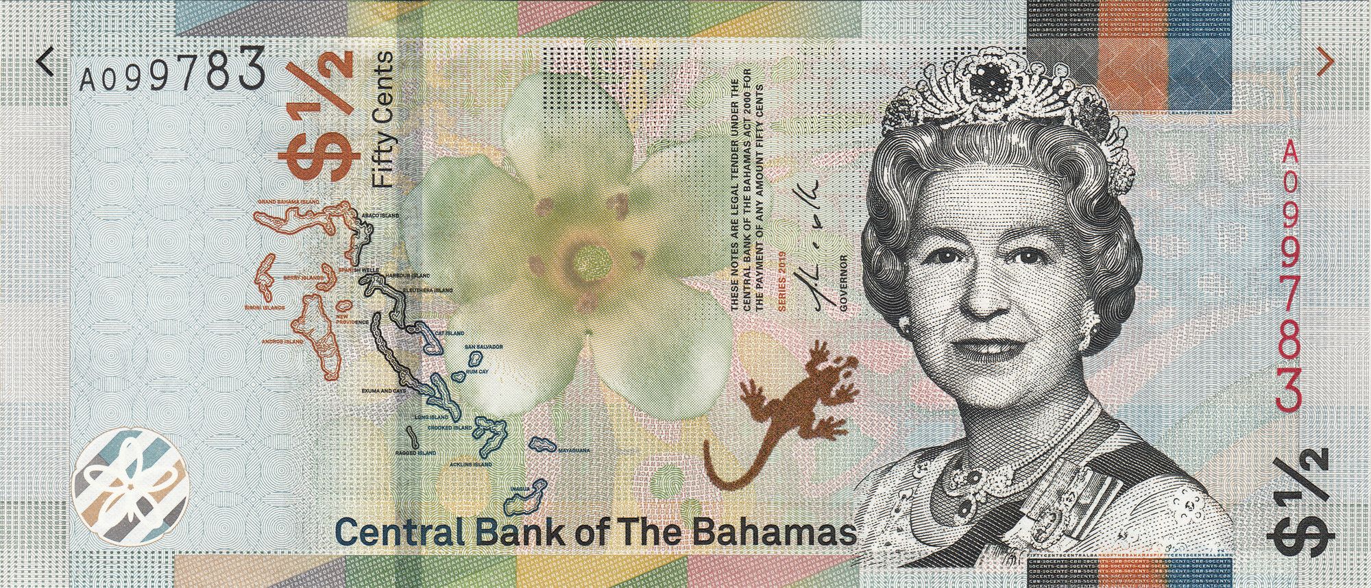 Bahamas P-WA77｜1/2 dollar｜50 cents｜2019 UNC｜Queen Elizabeth II｜Burmese Ruby Tiara