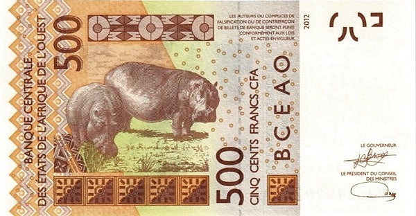 West African States P-119A 500 Francs (2023) Ivory Coast｜hippo｜hippopotamus