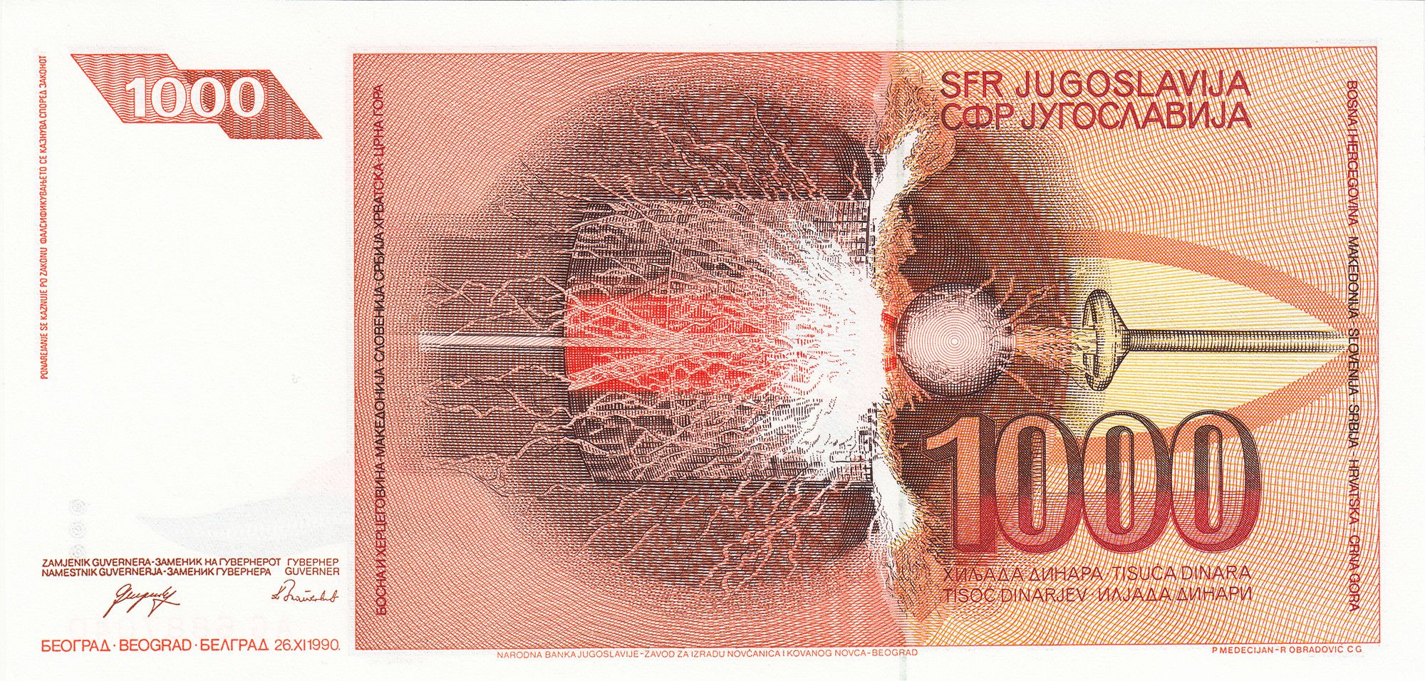 Yugoslavia P-107 1000 dinara 1990 UNC｜Tesla｜188Y